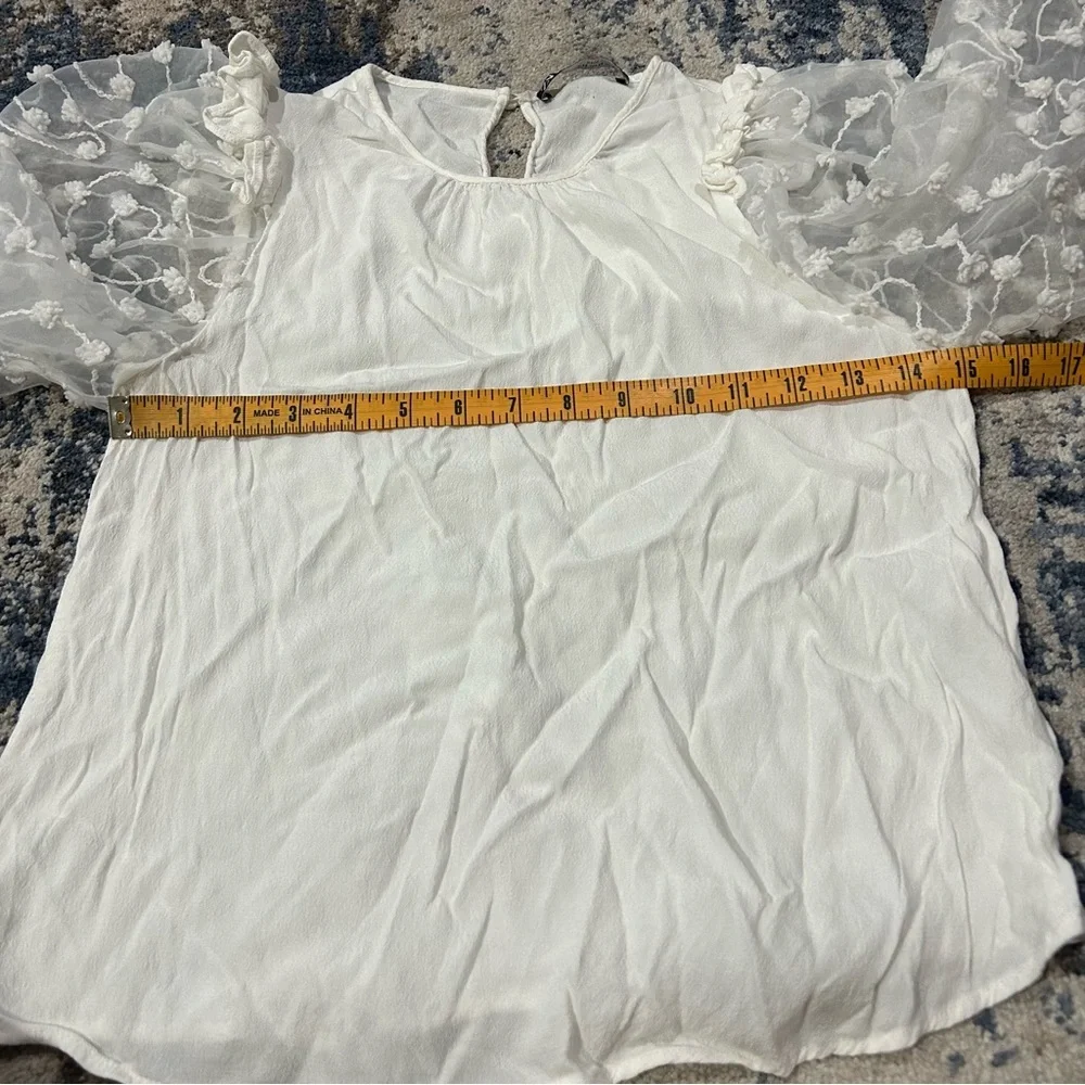 Zara White Mesh Puff Ball Balloon Sleeve Blouse Size XS